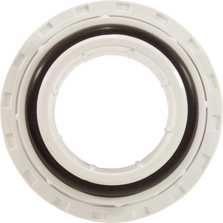 close-up of white circular plastic union fitting with embedded black rubber gasket in center