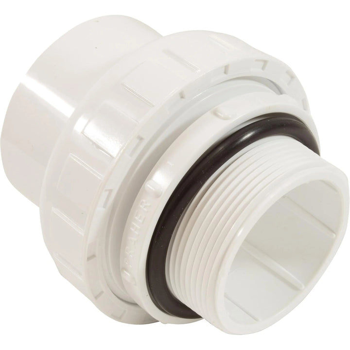 white plastic union fitting with threaded male end and smooth female end with locking nut and black rubber gasket
