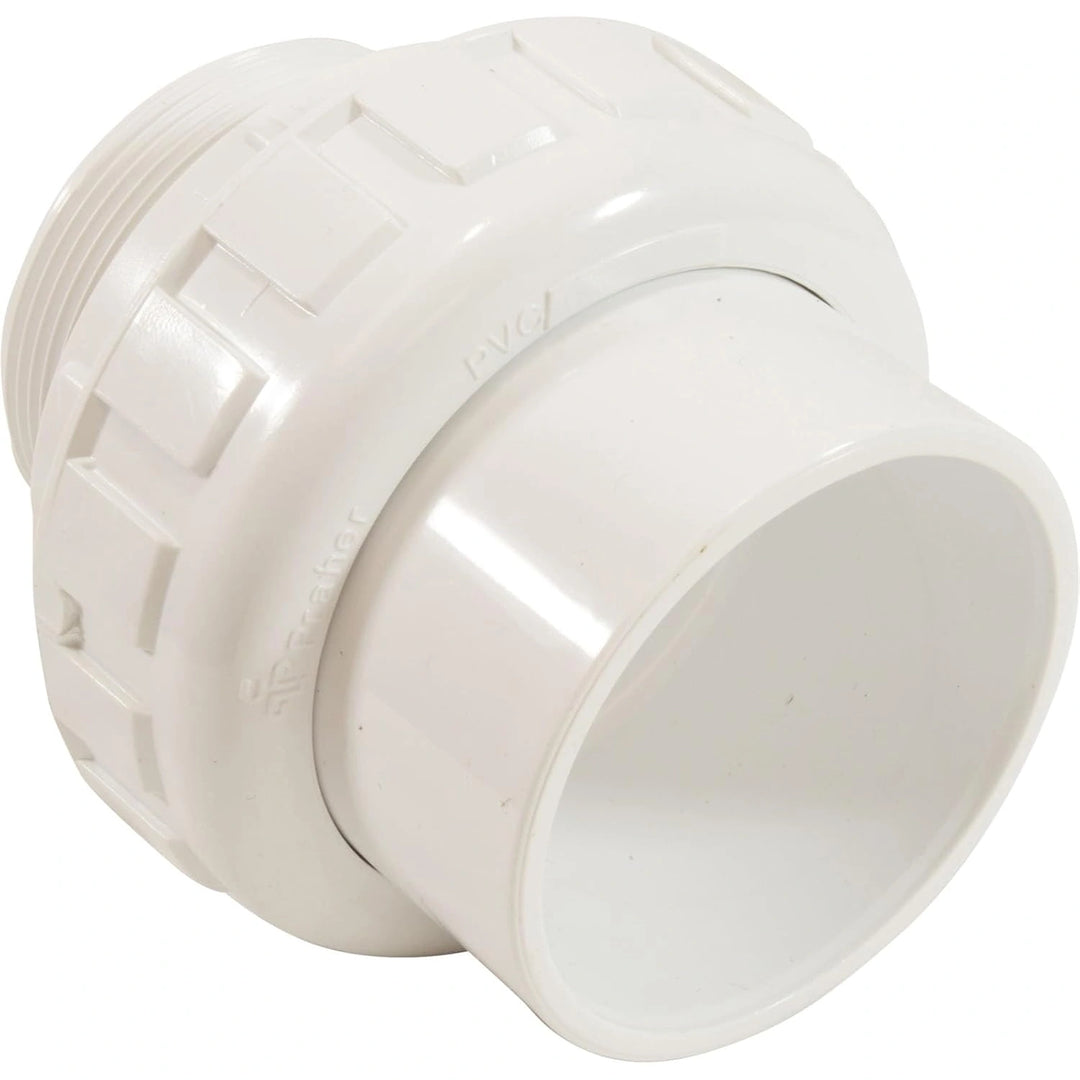 White PVC union fitting with threaded and smooth slip ends designed for 2 inch pipe connections