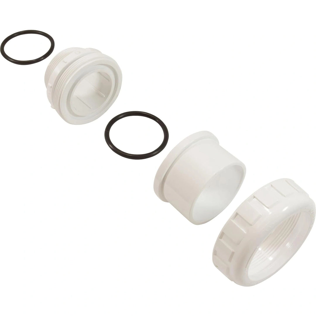 White plastic plumbing union fittings with threaded ends and two black rubber O-rings arranged on a white background