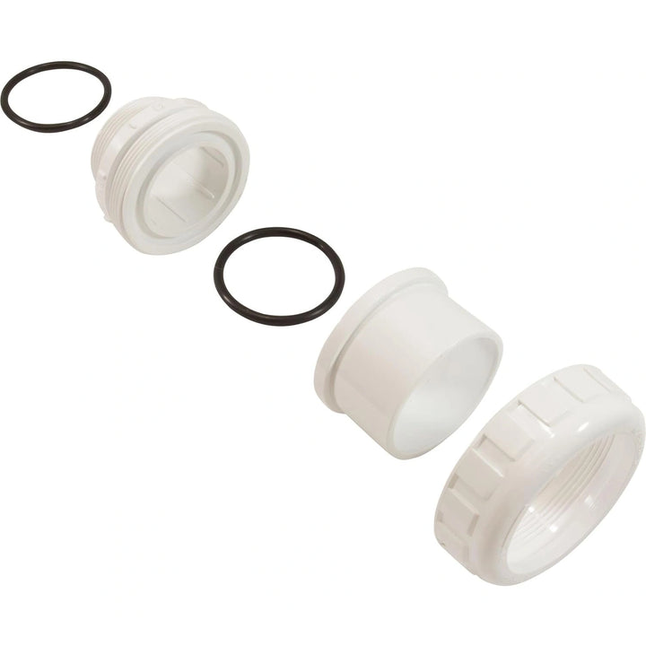 White plastic plumbing union fittings with threaded ends and two black rubber O-rings arranged on a white background