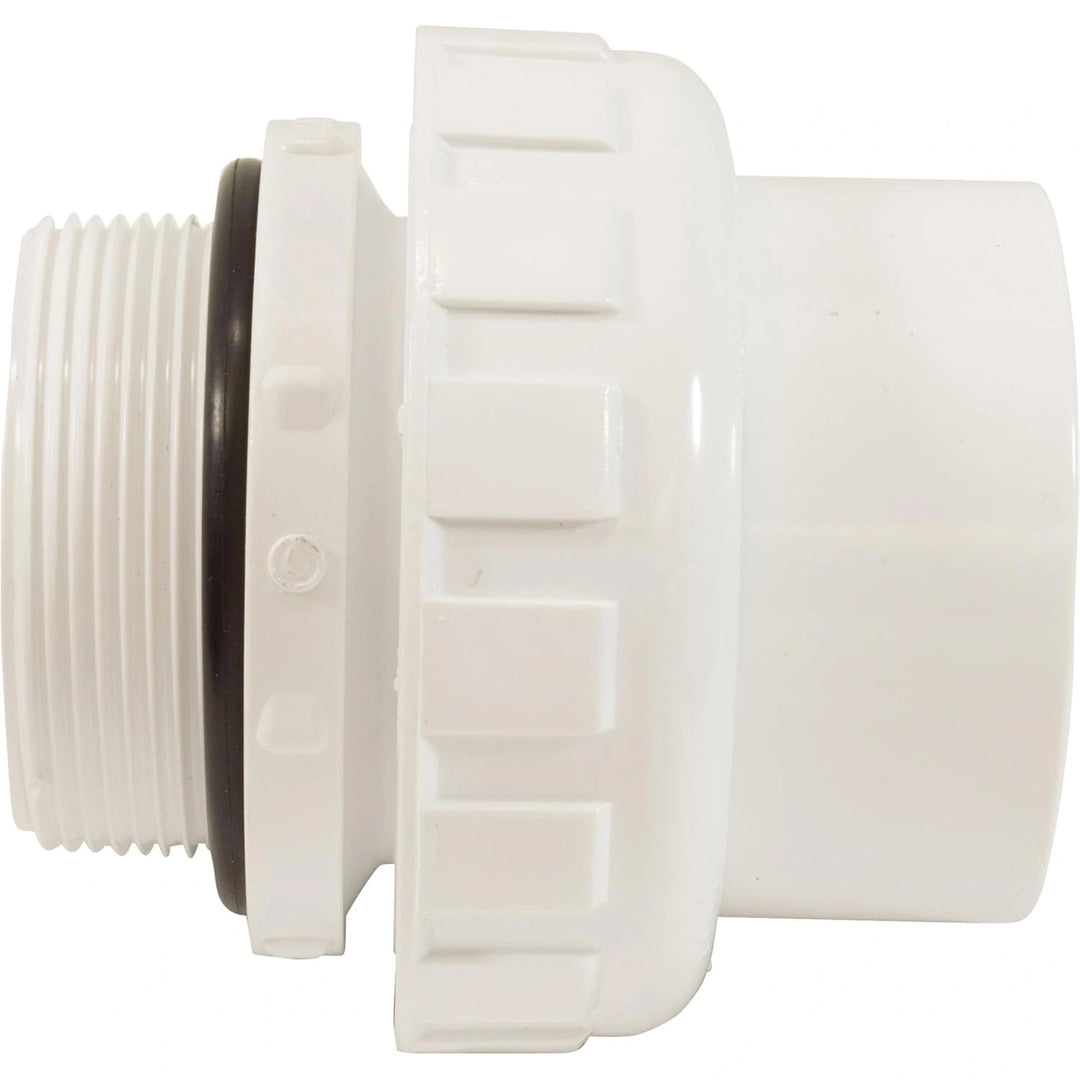 white plastic plumbing union fitting with threaded end and smooth socket end with large grip ring in the middle