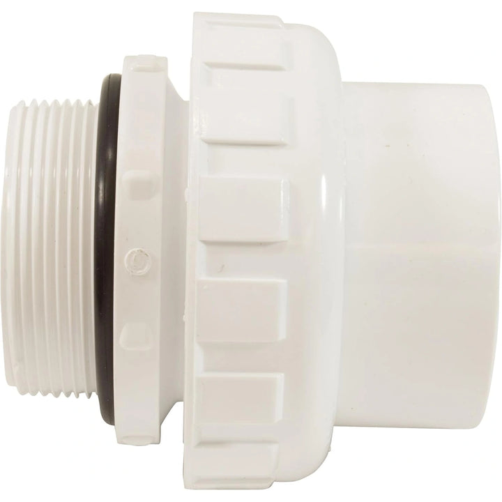 white plastic plumbing union fitting with threaded end and smooth socket end with large grip ring in the middle
