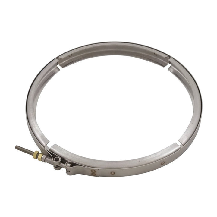 Metal V clamp with a screw tightening mechanism and hinge, circular and designed for secure fastening in mechanical applications
