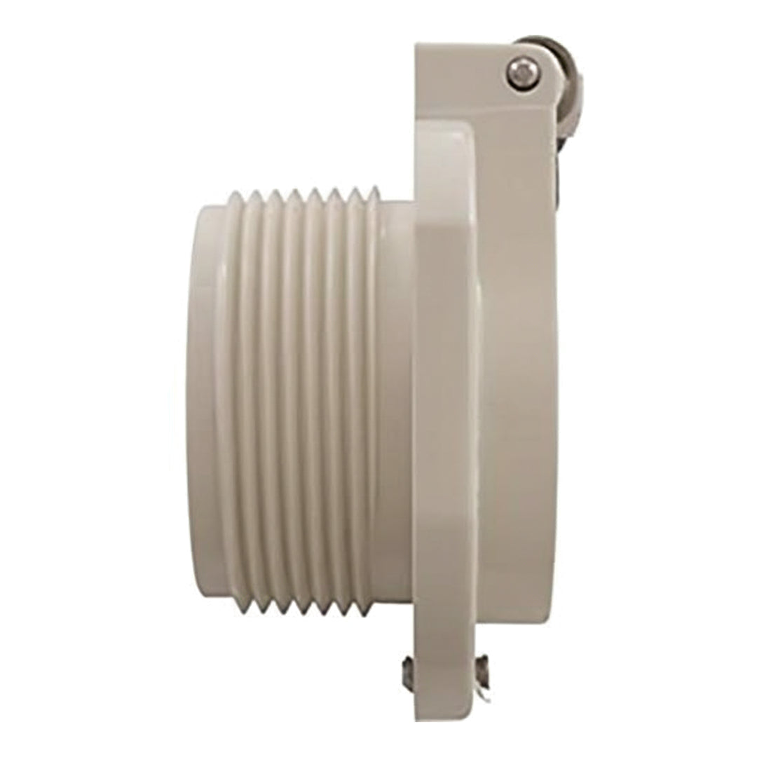 Beige threaded cylindrical component with flat circular flange and metal hinge or latch mechanism attached on one side