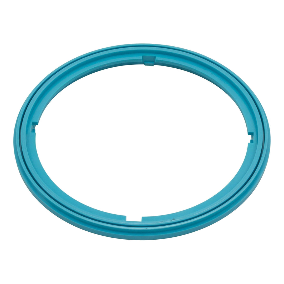 circular blue plastic ring with notches evenly spaced around inner edge on white background