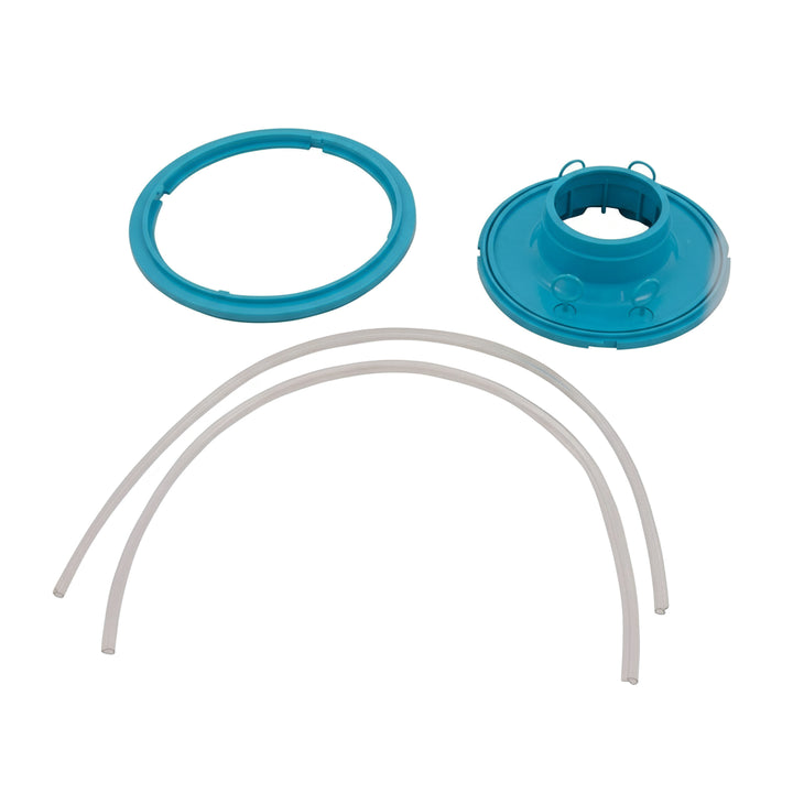 Blue plastic plate and extension ring parts alongside two white flexible tubes arranged on a white background