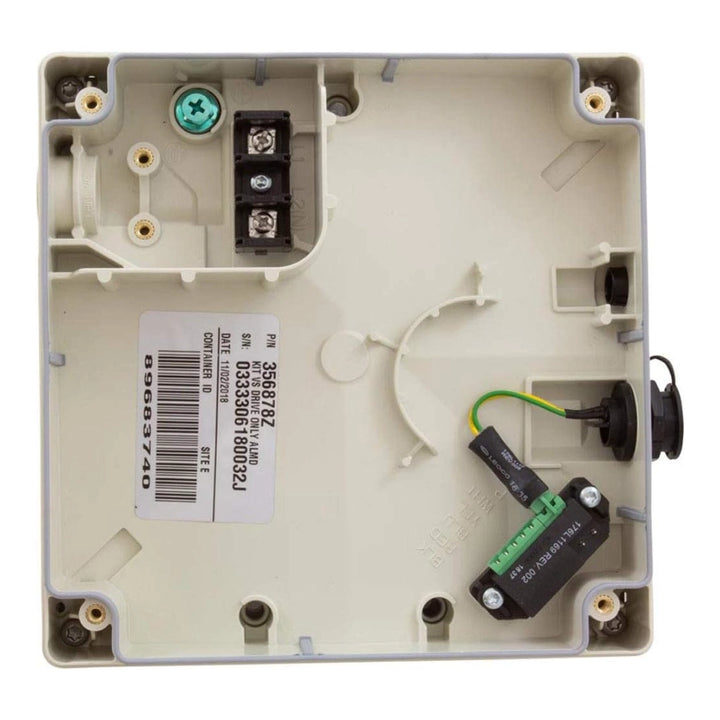 Interior view of Pentair 356878Z variable speed drive enclosure with terminal block and wiring, label showing part number.