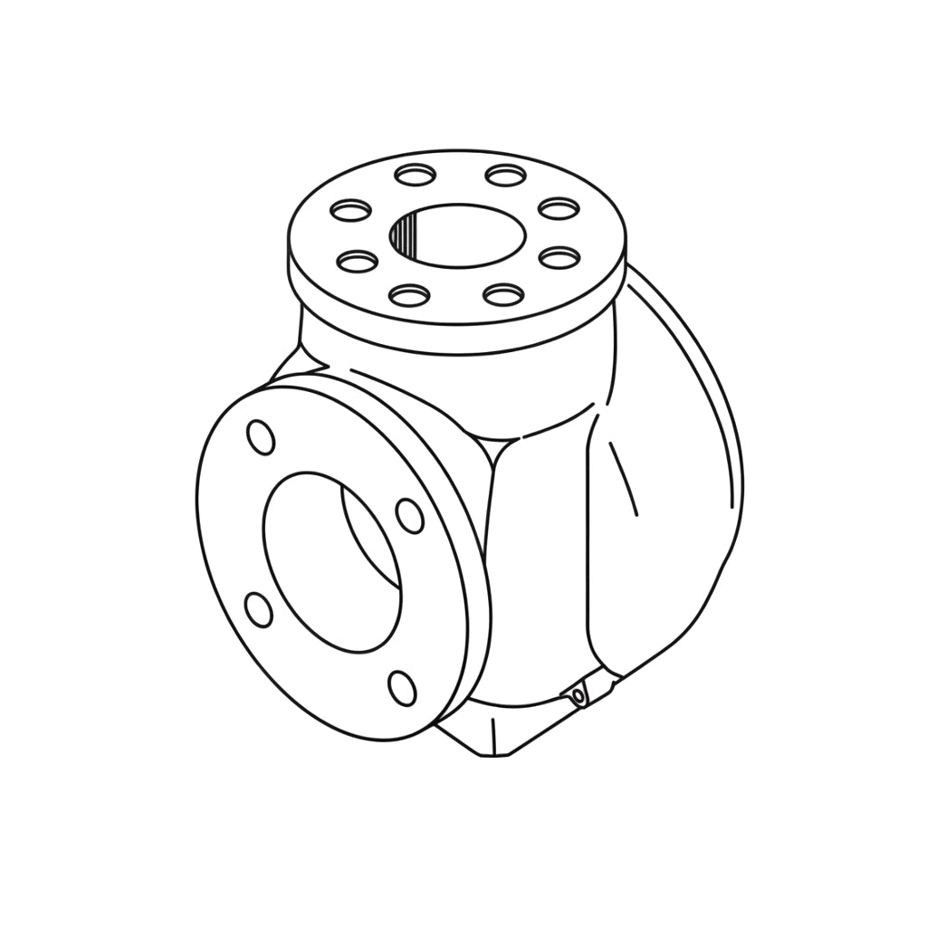 Line drawing of a Pentair Volute Bronze pump housing with round bolt-hole flanges and a side discharge port.