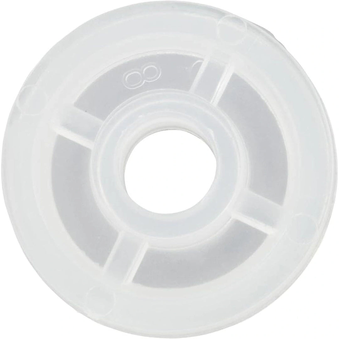 Off white solid molded vacuum wheel replacement with central hole and structural spokes visible from top view