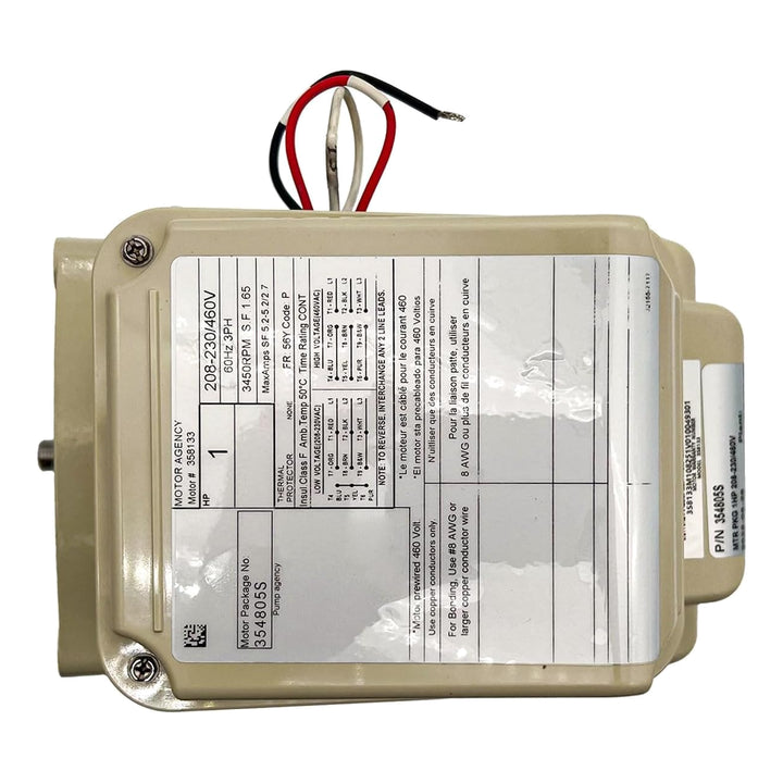 almond colored rectangular pump motor component with wiring and detailed specification label attached on top surface
