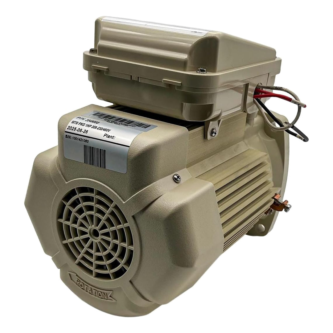 almond colored pump motor with wire connections and ventilation grill on one side showing barcode and model labels