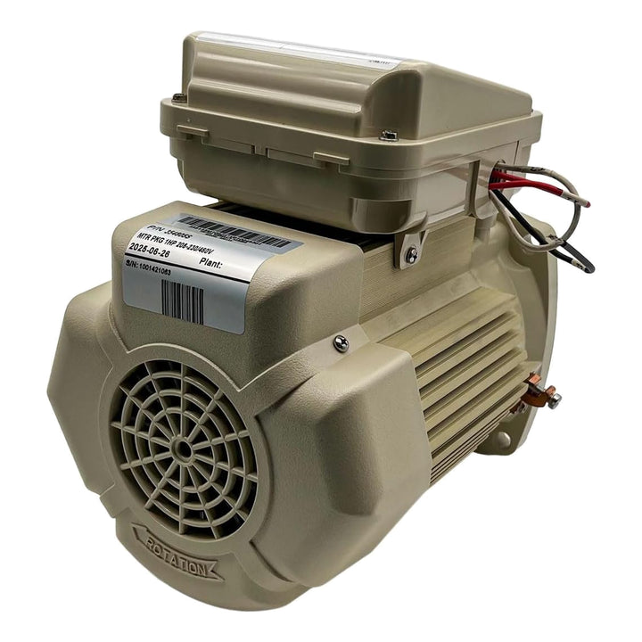 almond colored pump motor with wire connections and ventilation grill on one side showing barcode and model labels
