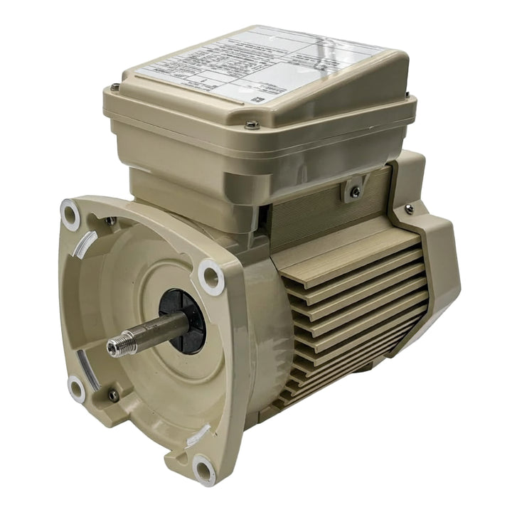 almond colored single speed pump motor with visible shaft and cooling fins showing a robust industrial design