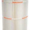 Pleatco PSR100 spa filter cartridge with white pleated fabric and orange Pleatco Advanced banding visible on top and middle