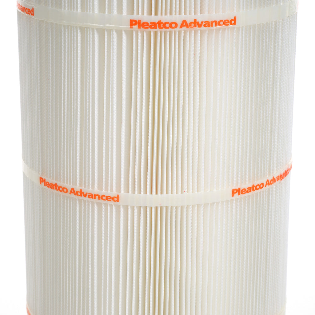 Pleatco PSR100 spa filter cartridge with white pleated fabric and orange Pleatco Advanced banding visible on top and middle