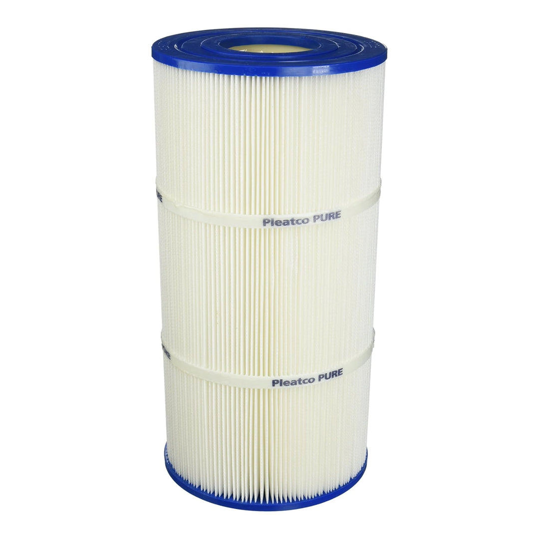 cylindrical white pool filter cartridge with blue plastic ends and two white bands labeled Pleatco PURE