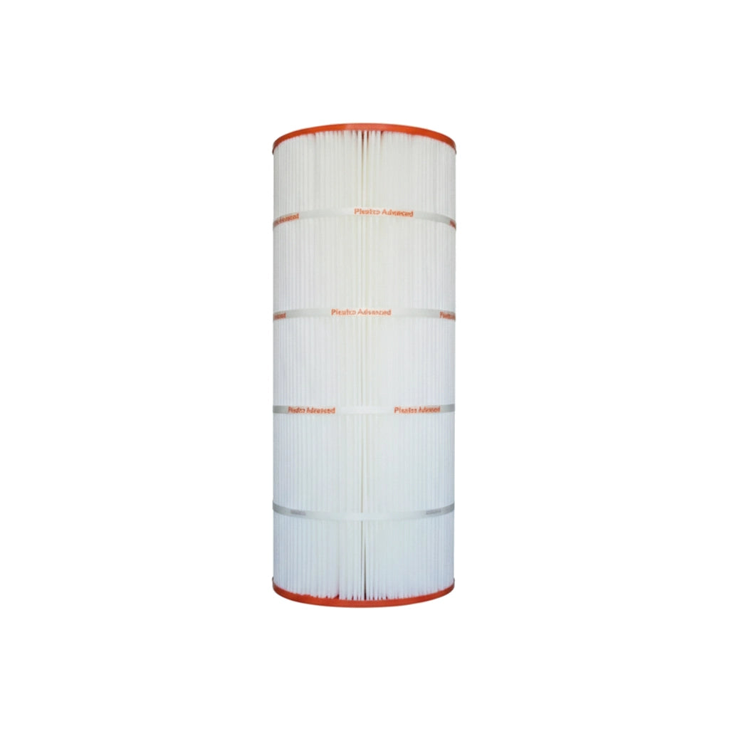 cylindrical pool filter cartridge with white pleated material and orange top and bottom edges on white background