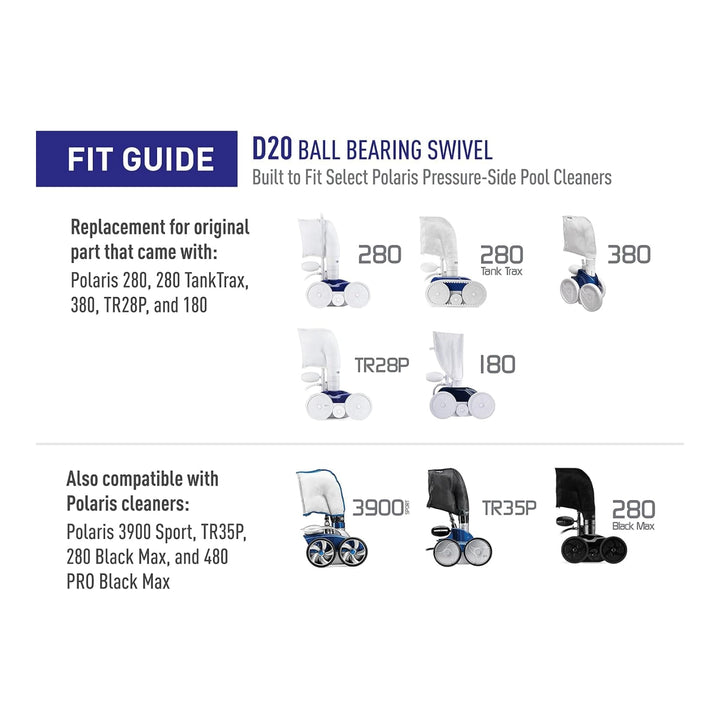 Diagram featuring various Polaris pool cleaner models including 180, 280, 380, TR28P, 3900 Sport, TR35P, and 280 Black Max in white and black colors
