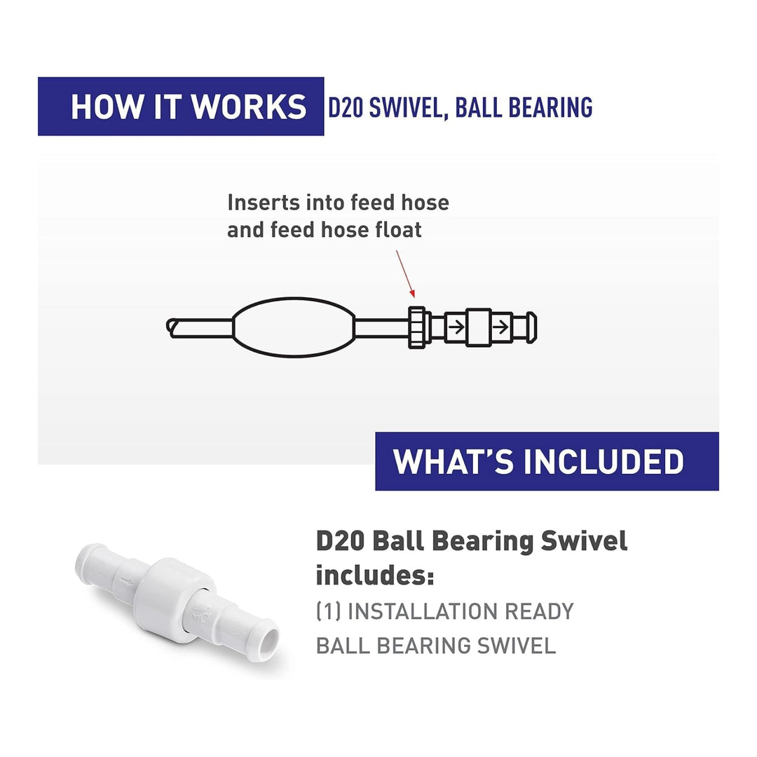white plastic D20 ball bearing hose swivel with barbed ends for feed hose connection shown next to diagram explaining insertion into feed hose and float