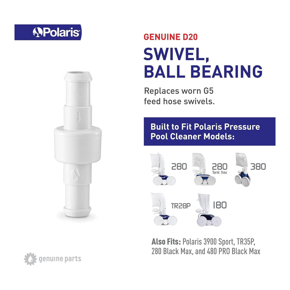 white cylindrical ball bearing swivel hose connector with Polaris brand and compatibility details for pool cleaner models