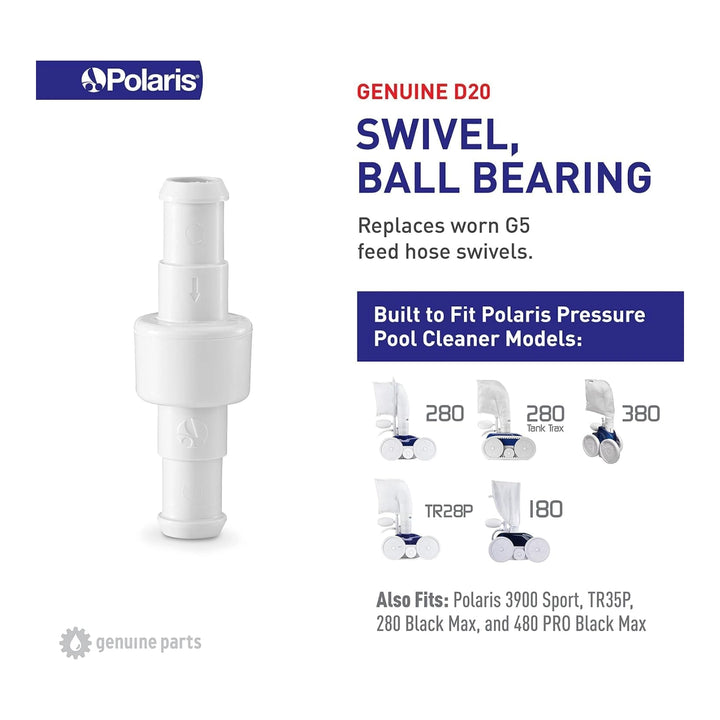 white cylindrical ball bearing swivel hose connector with Polaris brand and compatibility details for pool cleaner models