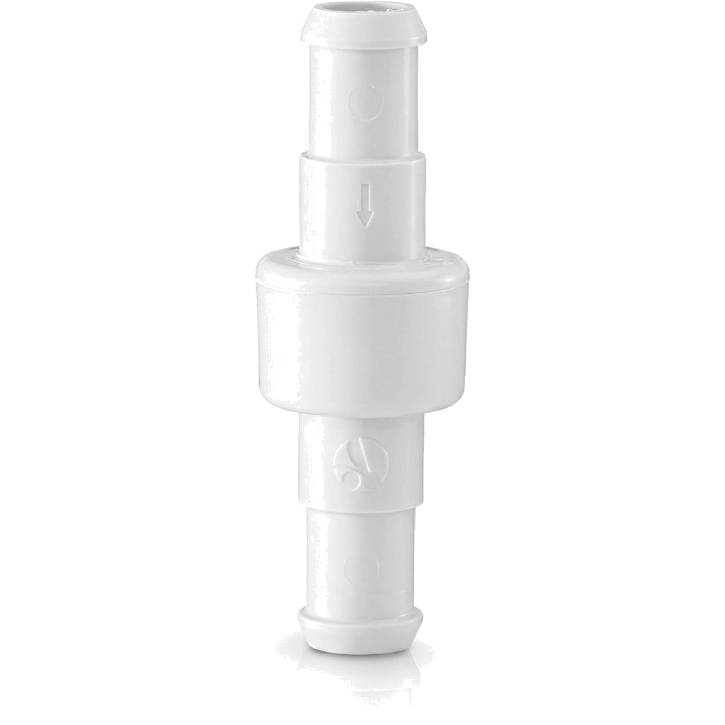 white plastic dual-ended hose swivel connector with smooth cylindrical middle and barbed ends for hose attachment