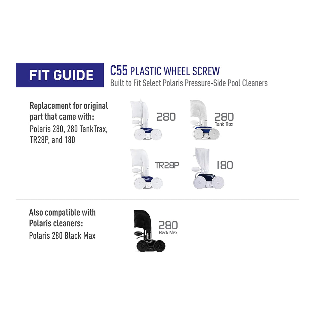guide showing Polaris pressure-side pool cleaners compatible with C55 plastic wheel screw including models 280, 280 Tank Trax, TR28P, 180, and 280 Black Max