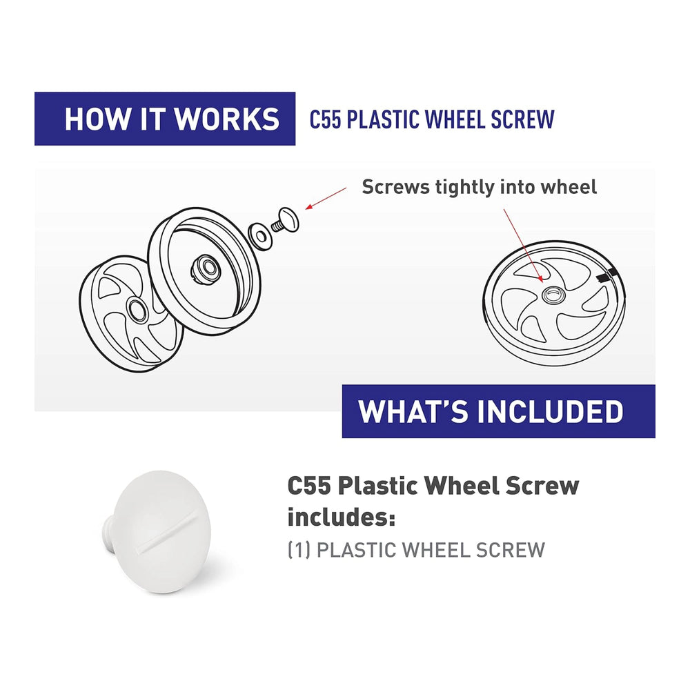 white plastic wheel screw with slotted head and thread shown alongside diagram of wheel assembly for screwing into wheel