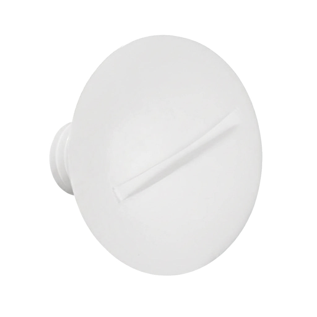 white plastic wheel screw with a flat circular head and a single straight slot for a screwdriver on a white background