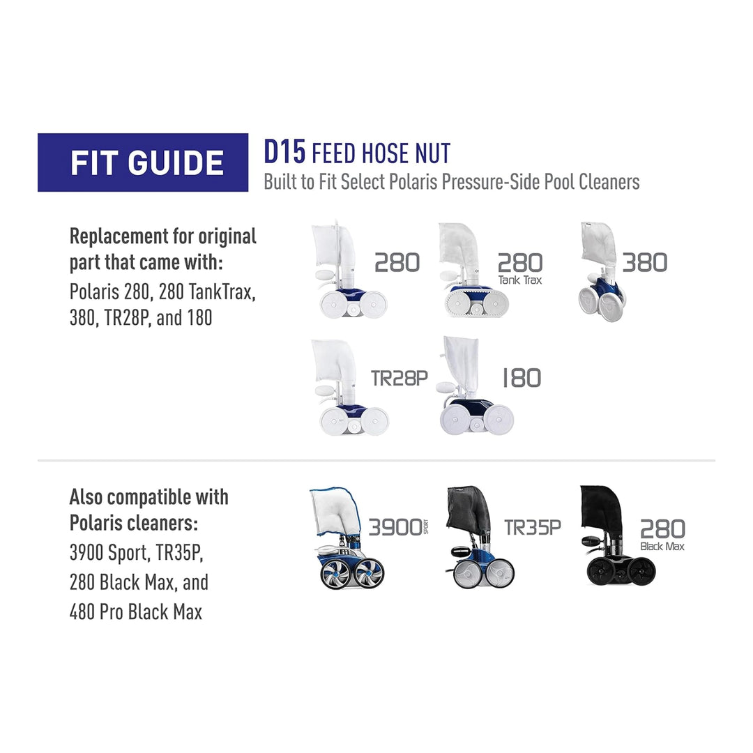 Diagram showing compatibility of Polaris D15 feed hose nut with various white and black wheel pressure-side pool cleaners
