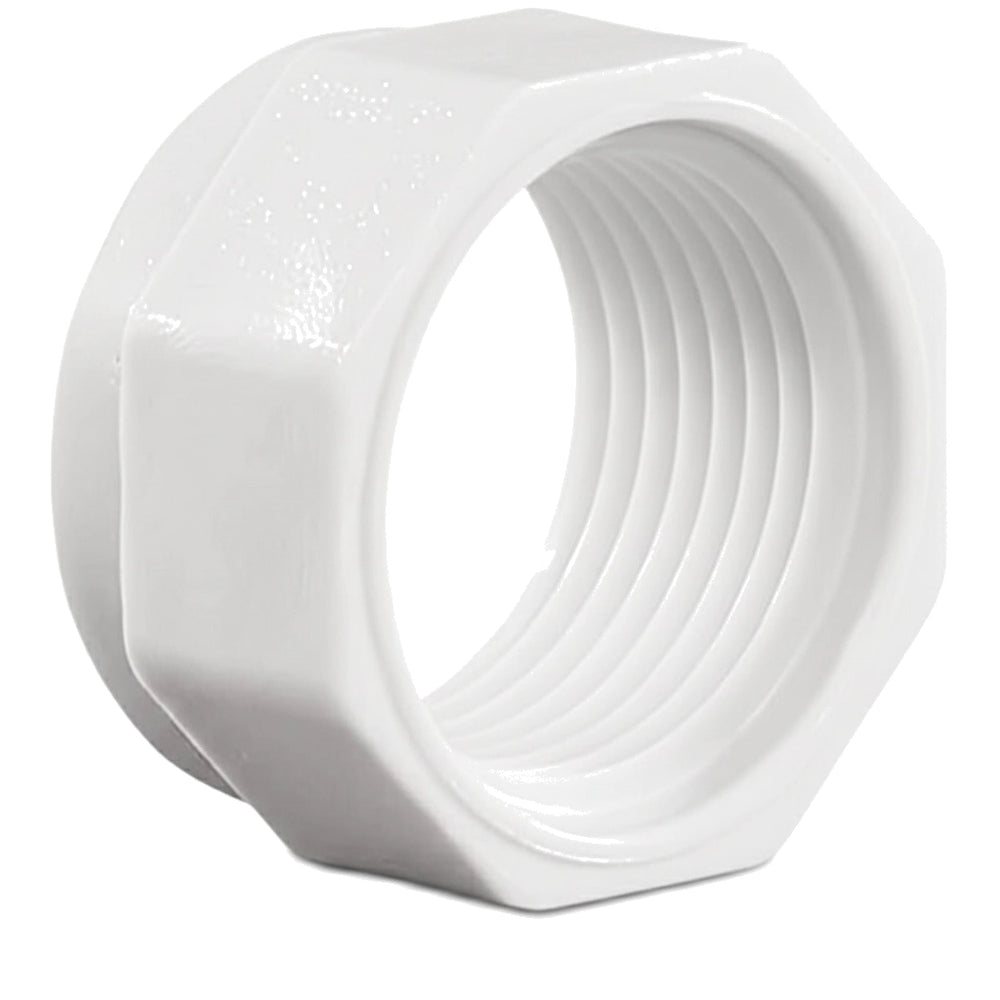 white hexagonal feed hose nut with internal threading for pool cleaner hose attachment