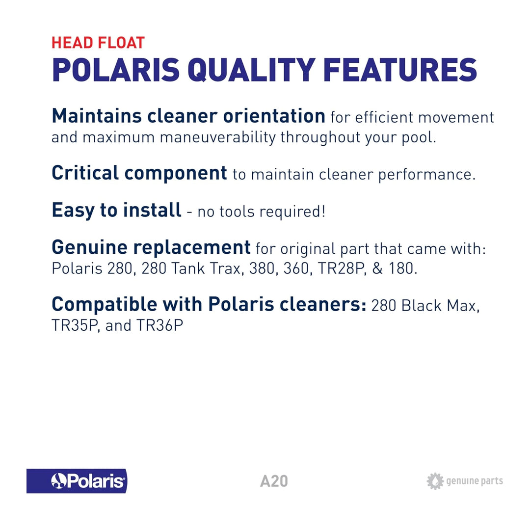 Polaris Head Float product information with features including cleaner orientation, easy installation, and compatibility details