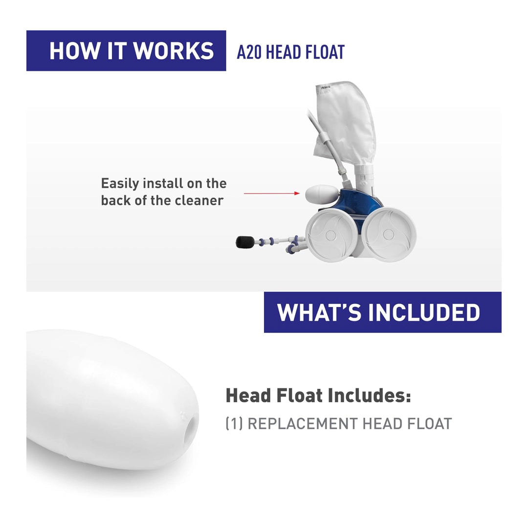 White cylindrical head float device shown attached to a blue and white pool cleaner with wheels and a mesh bag