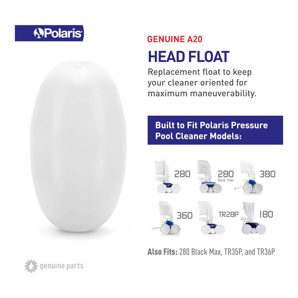 white oval replacement head float part for Polaris pool cleaner models displayed alongside small images of compatible cleaner models