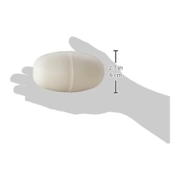 small white oval float measuring 2.7 inches held in a hand silhouette for scale representation