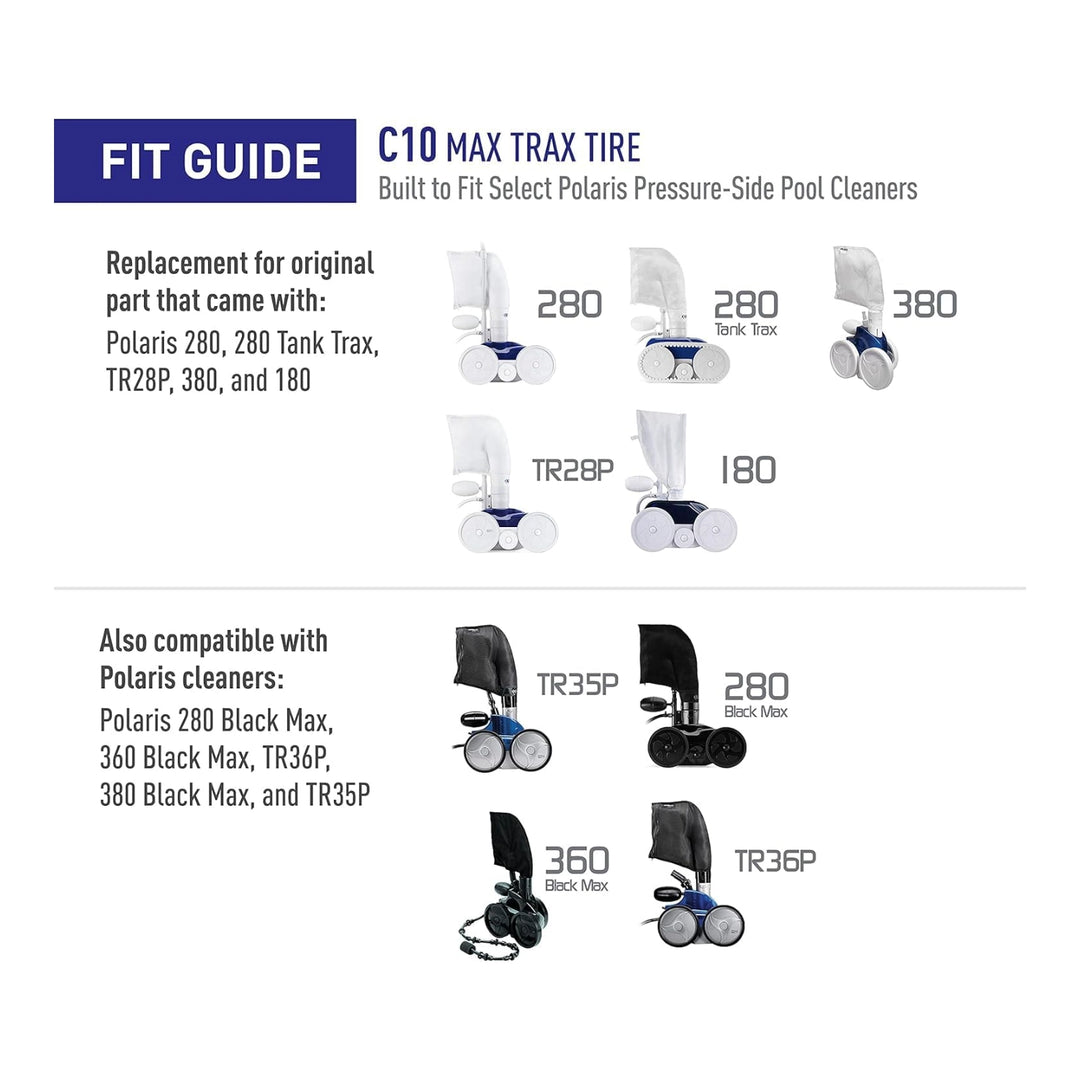 Fit guide showing side views of various Polaris pool cleaners in white and black covers with wheel configurations and model labels