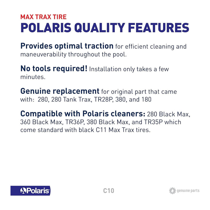 Text detailing Polaris Max Trax tire features including optimal traction, no tools needed for installation, genuine replacement, and cleaner compatibility