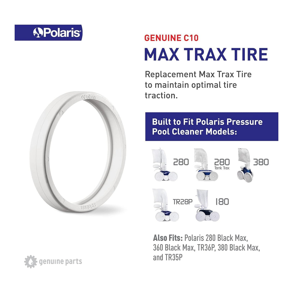 White circular Max Trax replacement tire next to text detailing compatible Polaris pressure pool cleaner models and logos