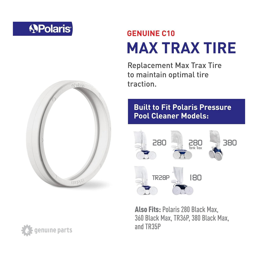 White circular Max Trax replacement tire next to text detailing compatible Polaris pressure pool cleaner models and logos