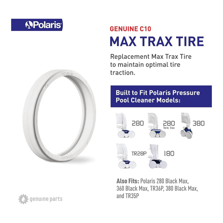 White circular Max Trax replacement tire next to text detailing compatible Polaris pressure pool cleaner models and logos