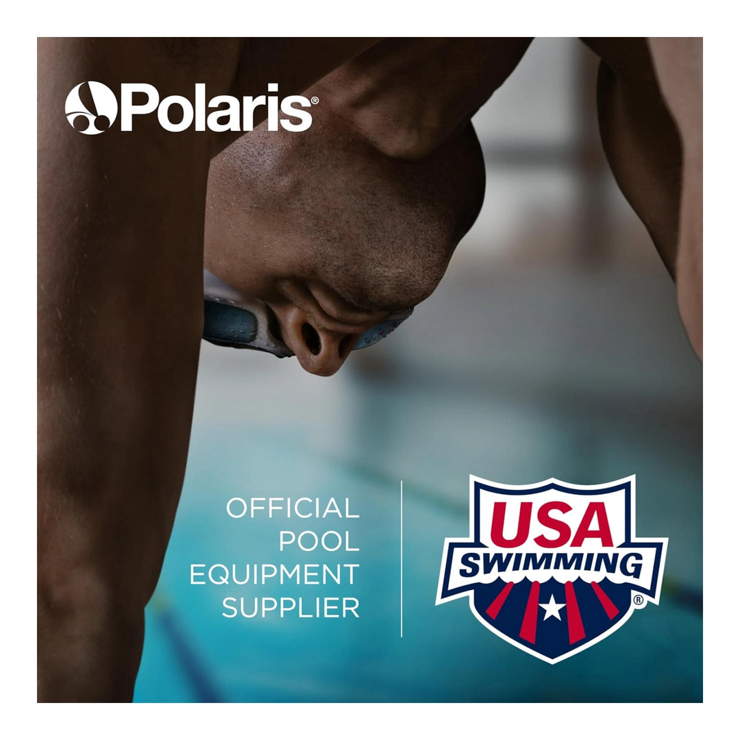 Close-up of a swimmer wearing goggles poised to dive into a pool with text about official pool equipment supplier and USA Swimming logo