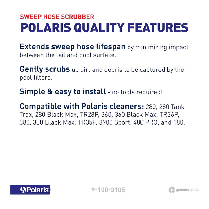 Polaris sweep hose scrubber features text highlighting lifespan extension and gentle cleaning with easy installation