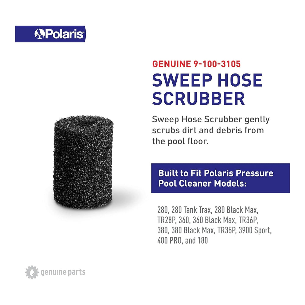 cylindrical black foam scrubber with a porous texture designed for cleaning pool floors and hoses
