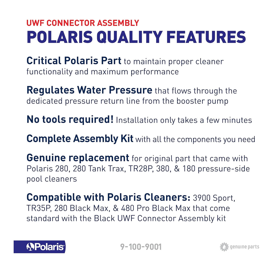 Text details about Polaris quality features for universal wall fitting connector assembly with product number and brand logo