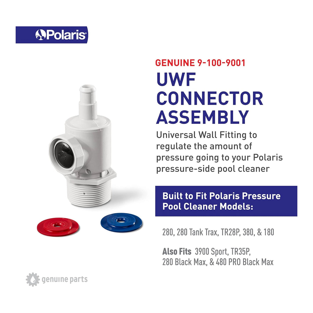 white plastic wall fitting connector assembly with threaded base and side valve alongside red and blue washers