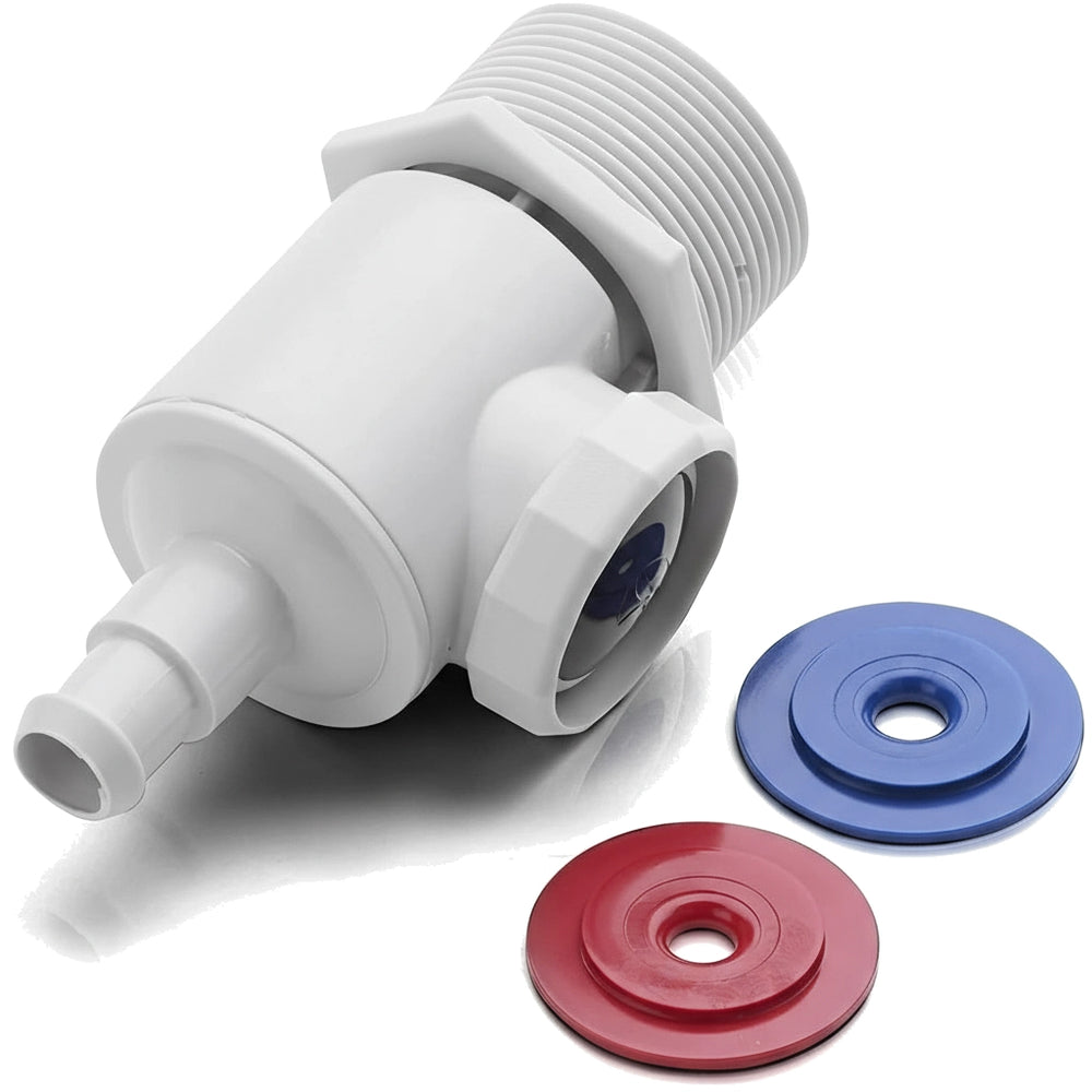 white plastic universal wall fitting connector assembly with threaded end and two flat circular washers in red and blue