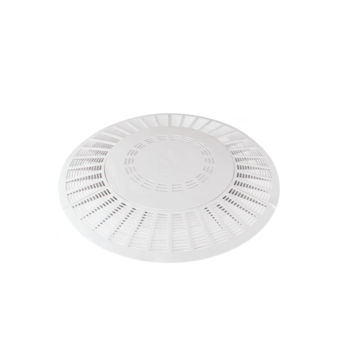 white circular pool drain outlet cover with radial slotted vents and plain center section