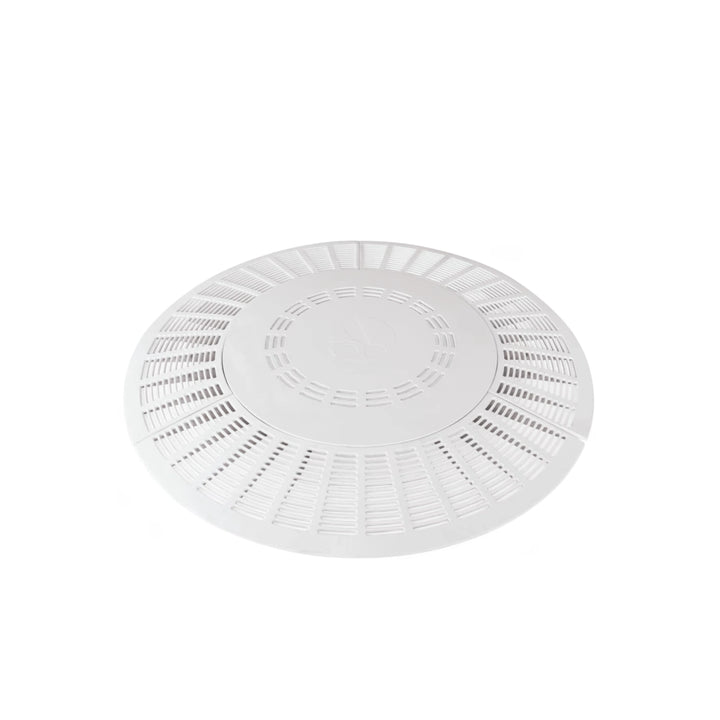 white circular pool drain outlet cover with radial slotted vents and plain center section