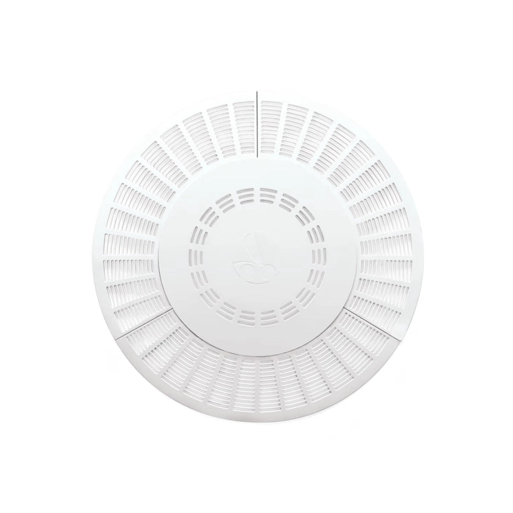 white circular pool drain outlet cover with multiple evenly spaced ventilation slots and a central circular section